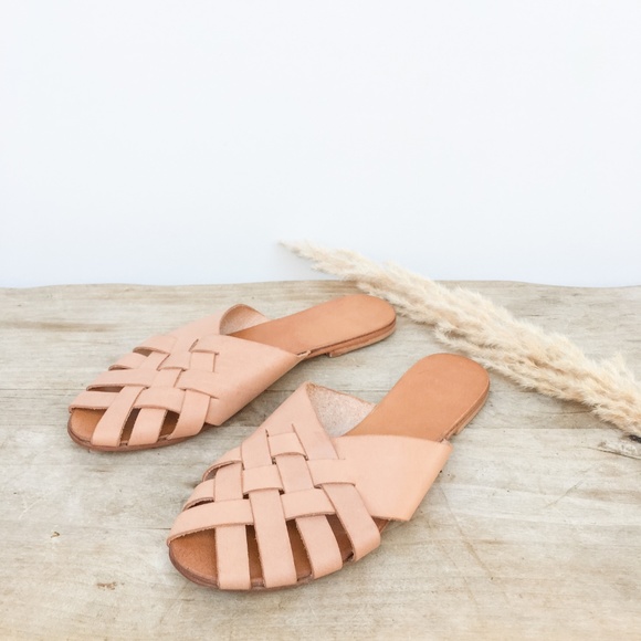 Urban Outfitters Shoes - Minimalist Leather Basketweave Sandals - Tan, 8